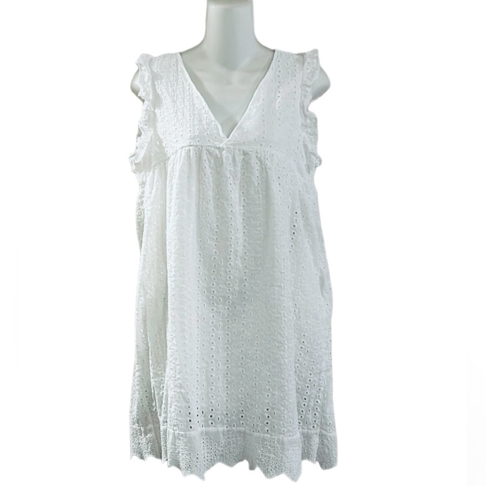 Eyelet Summer V-Neck Babydoll Ruffle Sleeve Dress Pocketed Cotton Size Small